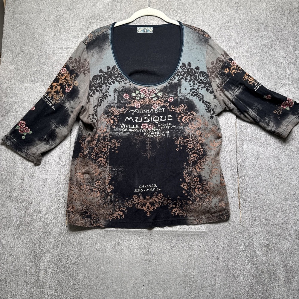 Y2K Parisian Music Graphic Top Boho Scoop Neck 2000s Grunge Artsy Shirt 1X